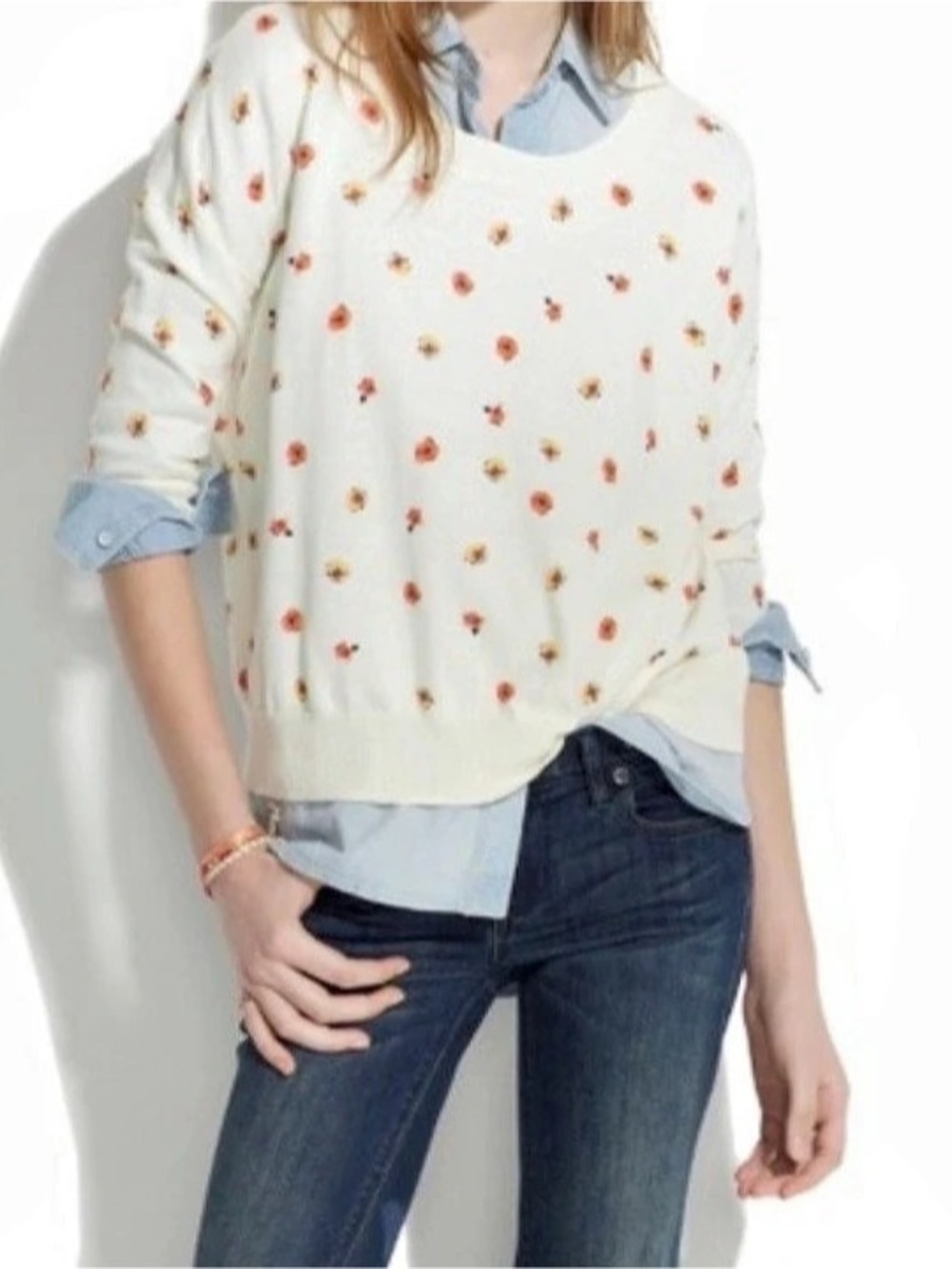 Madewell Adina Floral-Embroidered Pullover Sweater, Cream size XS